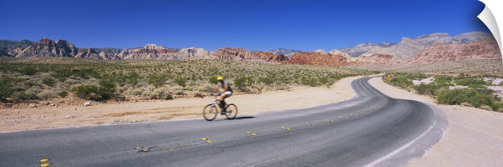 Side profile of a person cycling on a road, Red Rock Canyon National Conservation Area, Clark County, Nevada