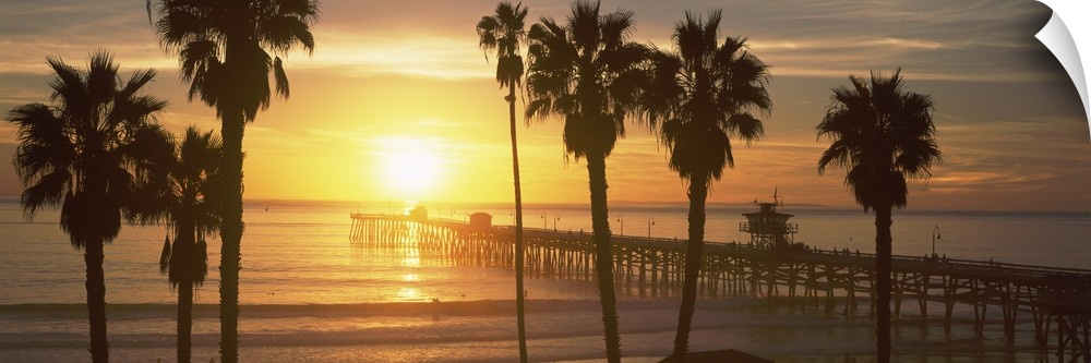 Panoramic photograph of dock stretching into ocean at sunset with palm tree silhouettes in the foreground.