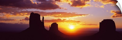 Silhouette of buttes at sunset, Monument Valley, Utah