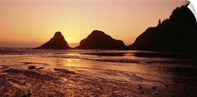 Silhouette of rocks at sunset, Heceta Head Lighthouse, Devils Elbow State Park, Oregon