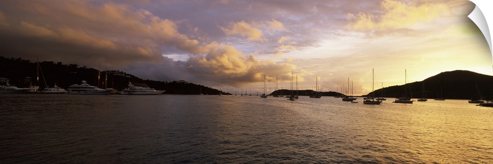 Silhouette of sailboats and mountain at sunset, English Harbour, Falmouth Bay, Antigua, Antigua and Barbuda