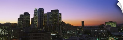 Silhouette of skyscrapers at dusk, City of Los Angeles, California