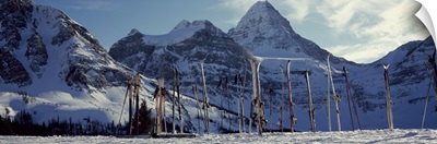 Skis and ski poles on a snow covered landscape, Mt Assiniboine, Mt Assiniboine Provincial Park, British Columbia, Canada