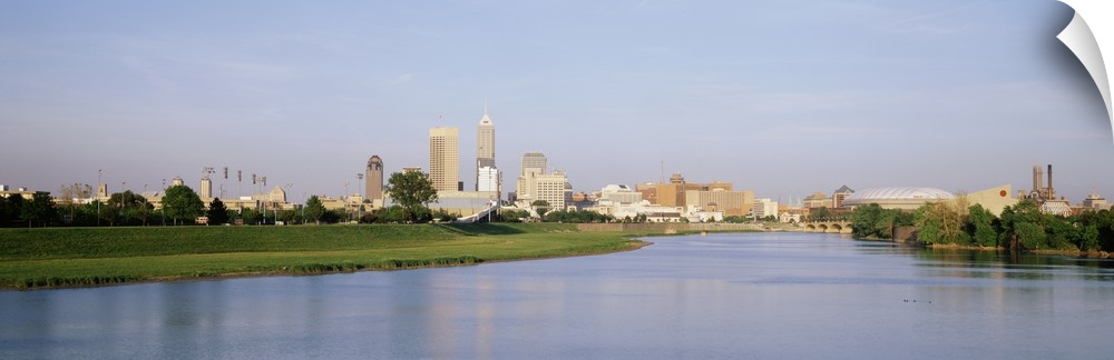 Panoramic photo on canvas of the cityscape of Indianapolis along the waterfront.