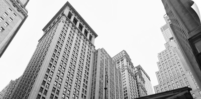 Skyscrapers in a city, Wall Street, Lower Manhattan, Manhattan, New York City, New York State,