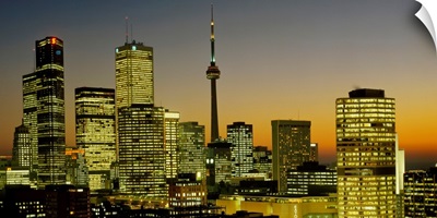 Skyscrapers lit up at dusk, Toronto Eaton Centre, Toronto, Ontario, Canada