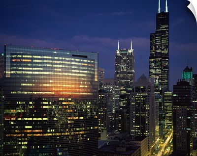 Skyscrapers lit up at night, Chicago, Cook County, Illinois,