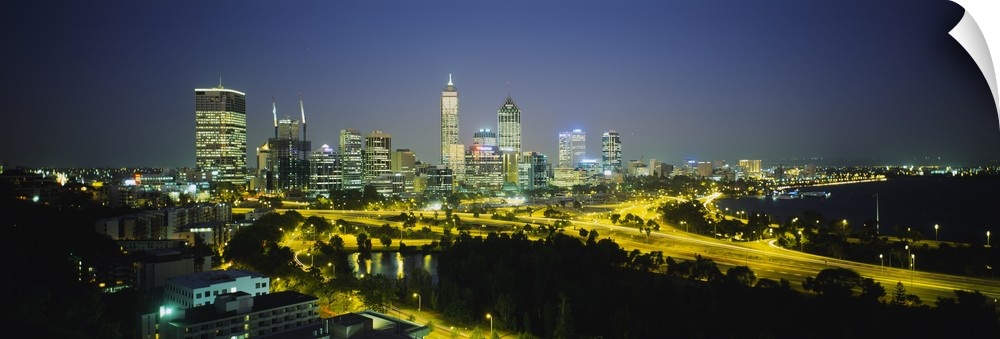 Skyscrapers lit up at night, Perth, Western Australia, Australia