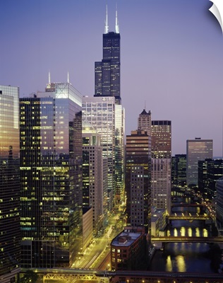 Skyscrapers lit up at night, Sears Tower, Chicago, Cook County, Illinois,