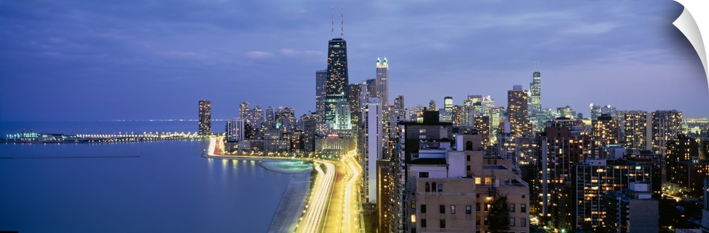 Panoramic photograph of the Chicago skyline from Lake Shore Drive in Chicago, Illinois.