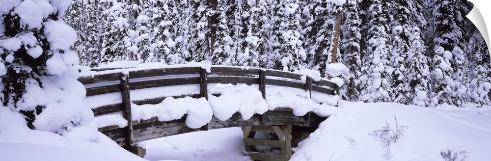 Long horizontal photo on canvas of a heavily snow covered bridge in the middle of a forest.