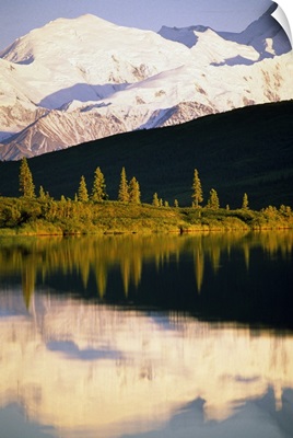 Snow-covered Mount McKinley reflected in Wonder Lake, Denali National Park, Alaska