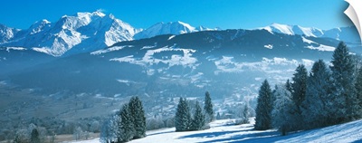 Snow-covered mountains in winter, Mont Blanc Massif, Haute-Savoie, Rhone-Alpes, France