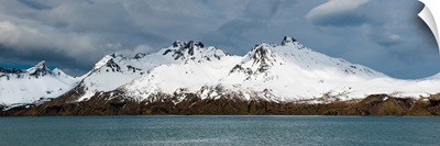 Snowcapped mountain range, Fortuna Bay, South Georgia Island