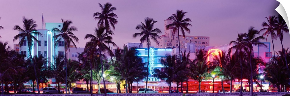 View from the shore of Ocean Driveos art deco neon signs and palm trees.