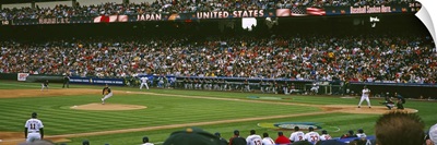 Spectators watching baseball game in a baseball stadium, Japan vs. United States, World Baseball Classic, Angel Stadium, Anaheim, California