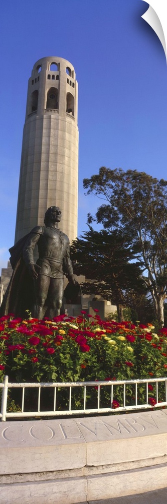 Statue of Christopher Columbus in front of a tower, Coit Tower, Telegraph Hill, San Francisco, California, USA