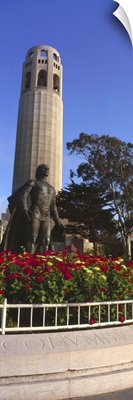 Statue of Christopher Columbus in front Coit Tower, San Francisco, California