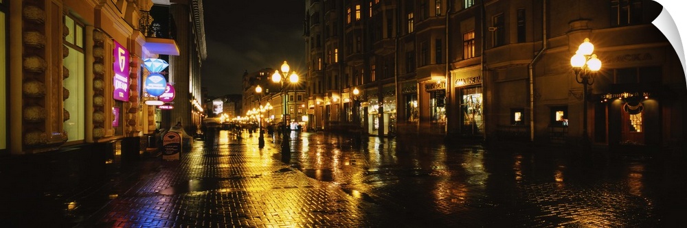 Street lit up at night, Arbat Street, Moscow, Russia