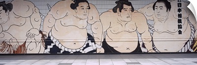 Sumo wrestling mural on a wall, Ryogoku Kokugikan