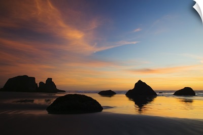 Sunset sky, silhouetted sea stacks on Bandon Beach, Bandon Beach State Park, Oregon