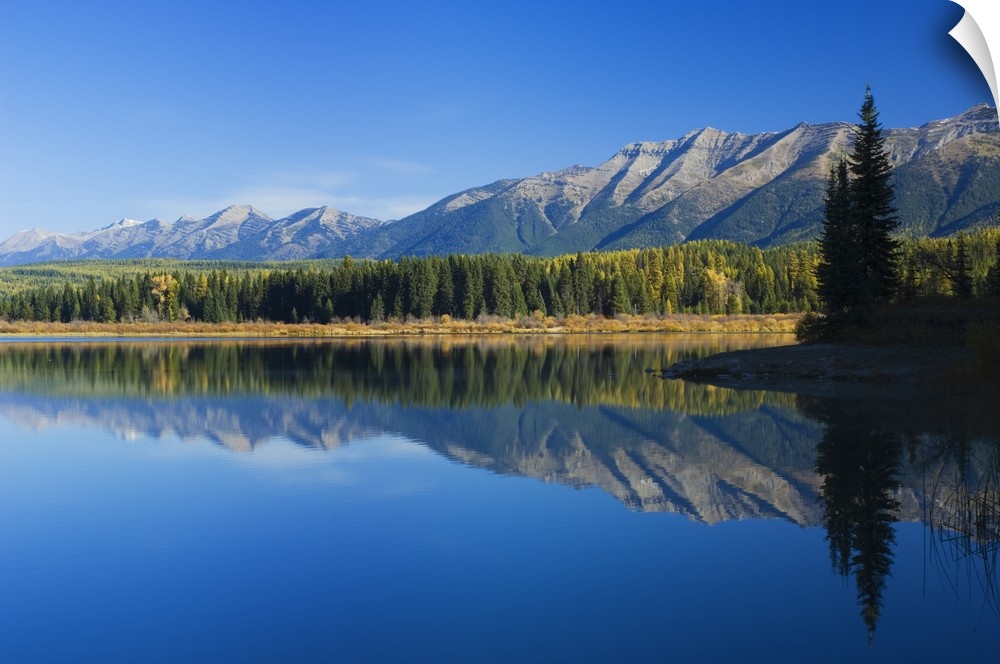 Big canvas photo of mountains and their reflection onto the lake in front of them.