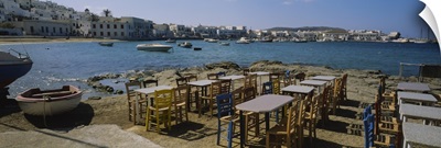 Tables and chairs in a cafe, Greece