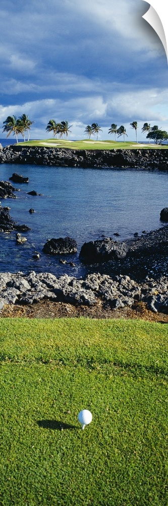 Tall panoramic photo of a golf ball, the shot lined across a small inlet towards a patch of palm trees and sand traps.