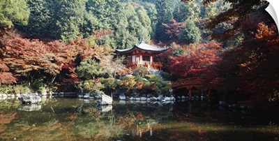Temple behind a pond, Daigo-Ji Temple, Kyoto City, Kyoto Prefecture, Kinki Region, Japan