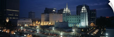 Temple lit up at night, Mormon Temple, Salt Lake City, Utah