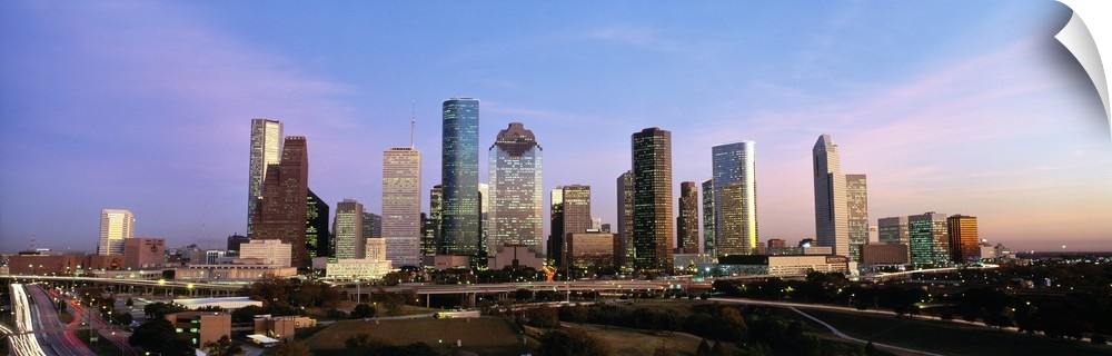 Houston skyline buildings at twilight.
