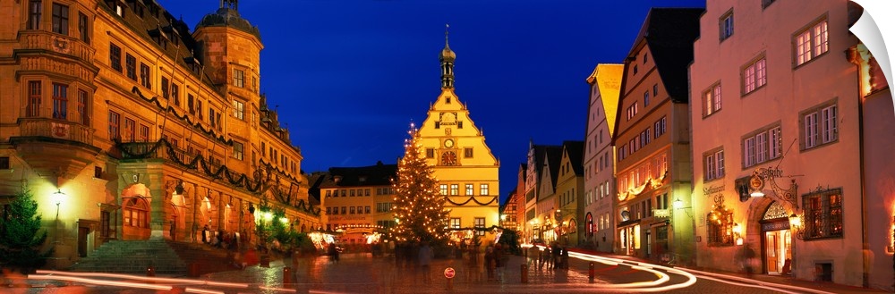 Town Center Decorated with Christmas Lights Rothenburg Germany