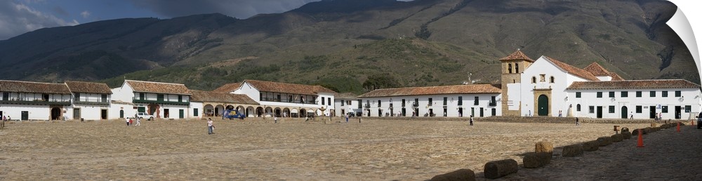 Town square in front of mountains Villa De Leyva Boyaca Department Colombia