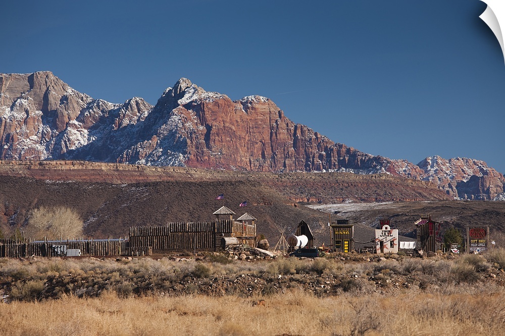 USA, Utah, Virgin, replica Western town and Bridge Mountain, winter
