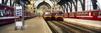 Trains at a railroad station, The Railway Station Of Antwerp, Antwerp, Belgium