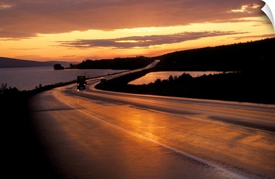 Truck on a highway at sunset, Trans Canada Highway, New Brunswick, Canada