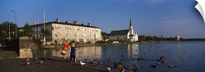 Two boys feeding ducks at the lakeside, Tjornin, Reykjavik, Iceland