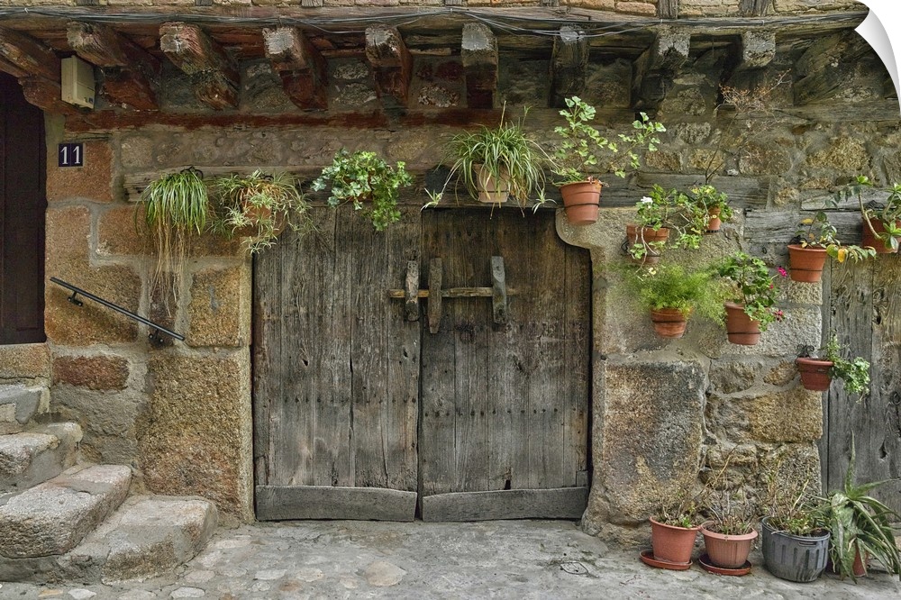 Typical traditional wooden front door, San Martin de Trevejo, Caceres, Caceres Province, Spain.