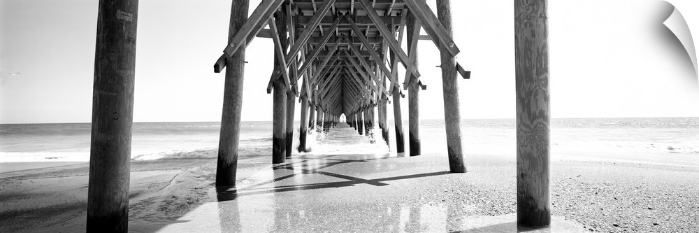 Horizontal, huge, black and white panoramic photograph taken under a wooden pier, looking out toward the ocean, in North C...