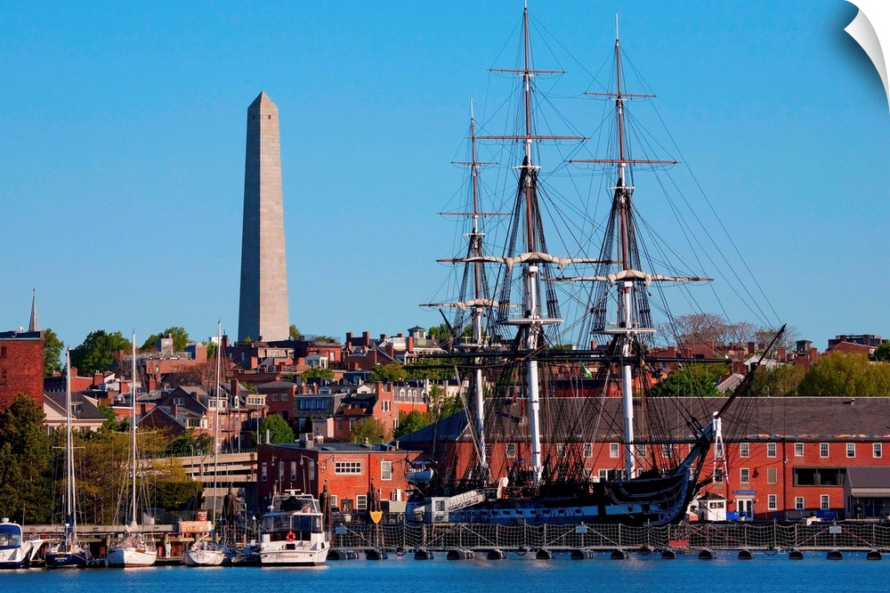 USS Constitution historic ship, Old Ironsides a Three Masted Frigit, is seen near Bunker Hill Monument on harbor,, Freedom...