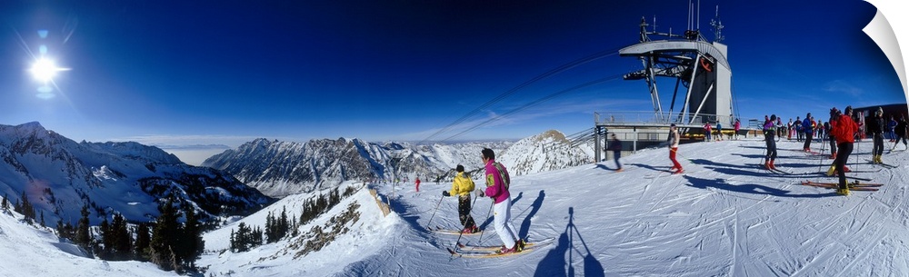 Panoramic photo on canvas of people skiing on a snowy mountain in Utah.