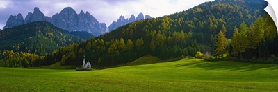 Valley with a church and mountains in the background, Santa Maddalena, Val De Funes, Le Odle, Dolomites, Italy