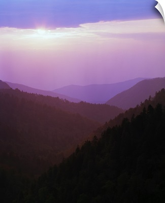 View of misty Smoky Mountains from overlook, sunset, Tennessee