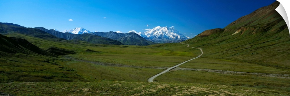 View of road winding through tundra towards Mount McKinley, Denali National Park, Alaska