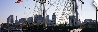 Warship at a harbor in front of skyscrapers, USS Constitution, Freedom Trail, Boston, Massachusetts