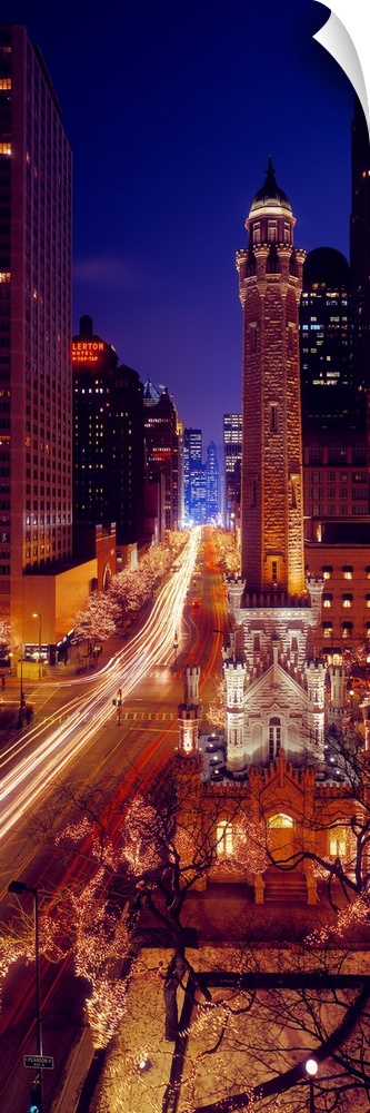 Buildings lit up at night, Water Tower, Magnificent Mile, Michigan Avenue, Chicago, Cook County, Illinois, USA