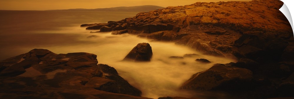 Large photograph of misty waters surrounding rocks in the Acadia National Park on the Schoodic Peninsula in Maine (ME).