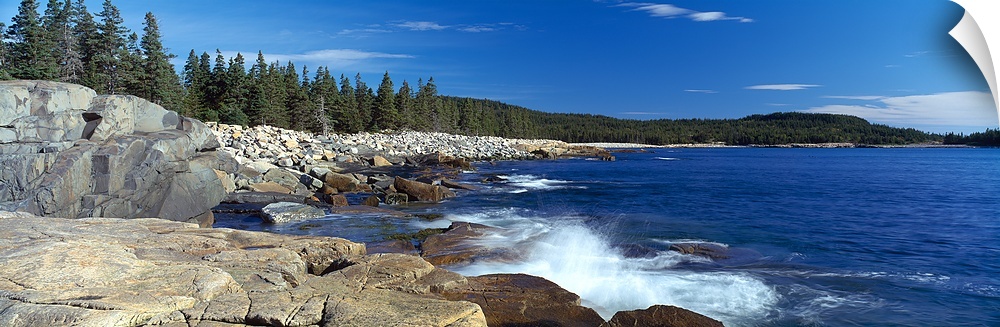 Rocky shore in New England near a pine forest, with fresh water from the Atlantic bay splashing on the stones.