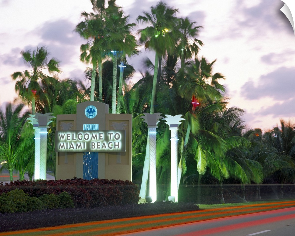 This is a road size sign illuminated by neon lights and surrounded by palm trees and photographed at twilight.