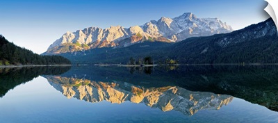 Wetterstein Mountains and Zugspitze Mountain reflecting in Lake Eibsee, Bavaria, Germany